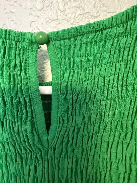 Boho Green Smocked Maxi Dress - Puff Sleeve Tiered Long Dress - Size S - Picture 8 of 15